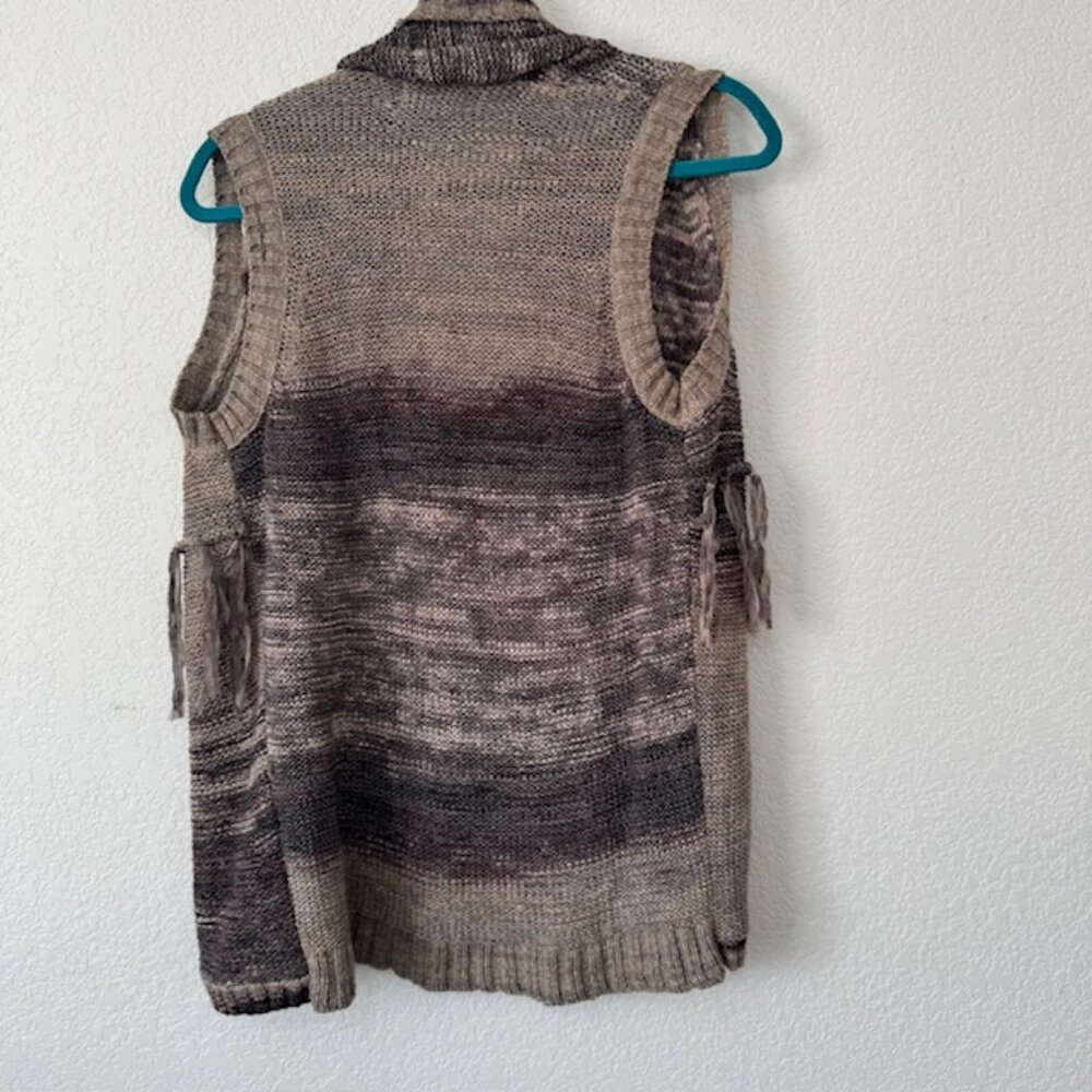 Y2K Sweater Vest Womens Medium Brown Space Dye Fringe Open Front Cardigan - Picture 5 of 7